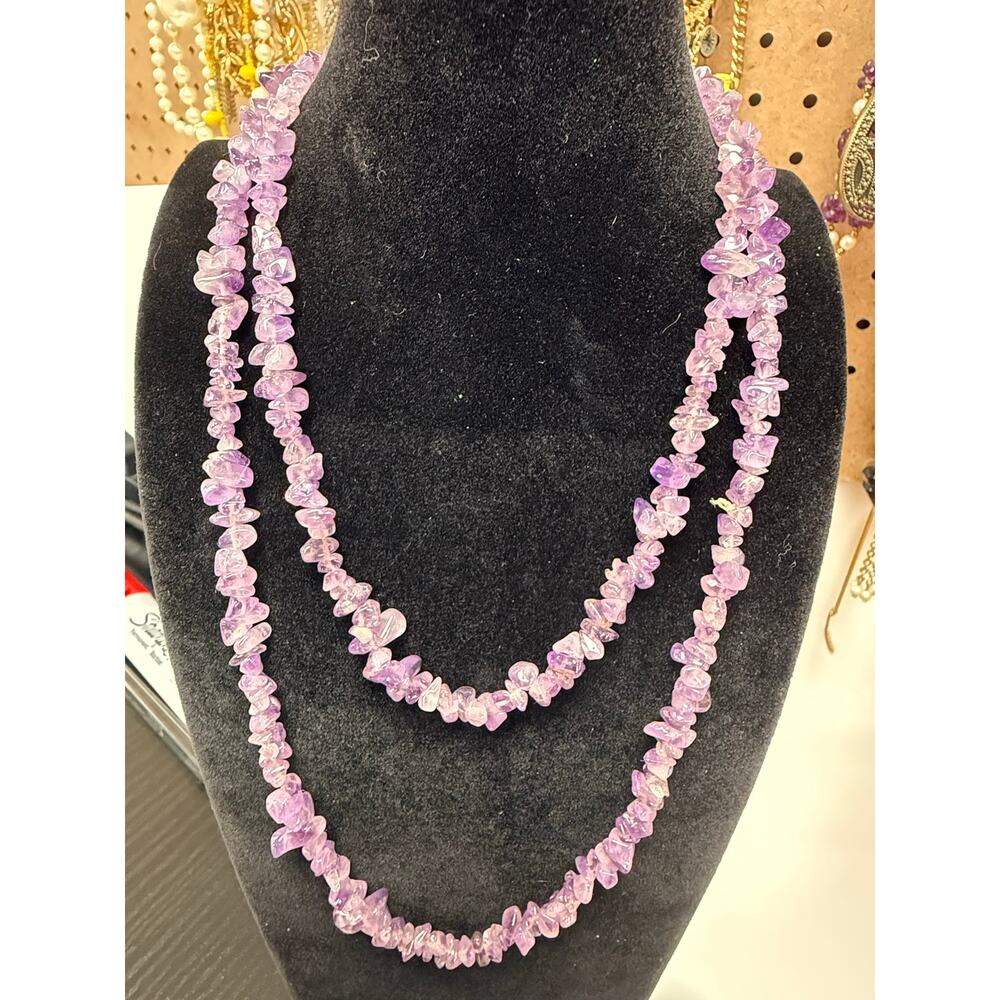 Amethyst Chip Necklace 34" Single Strand Irregular Chip Shaped Natural Gemstones